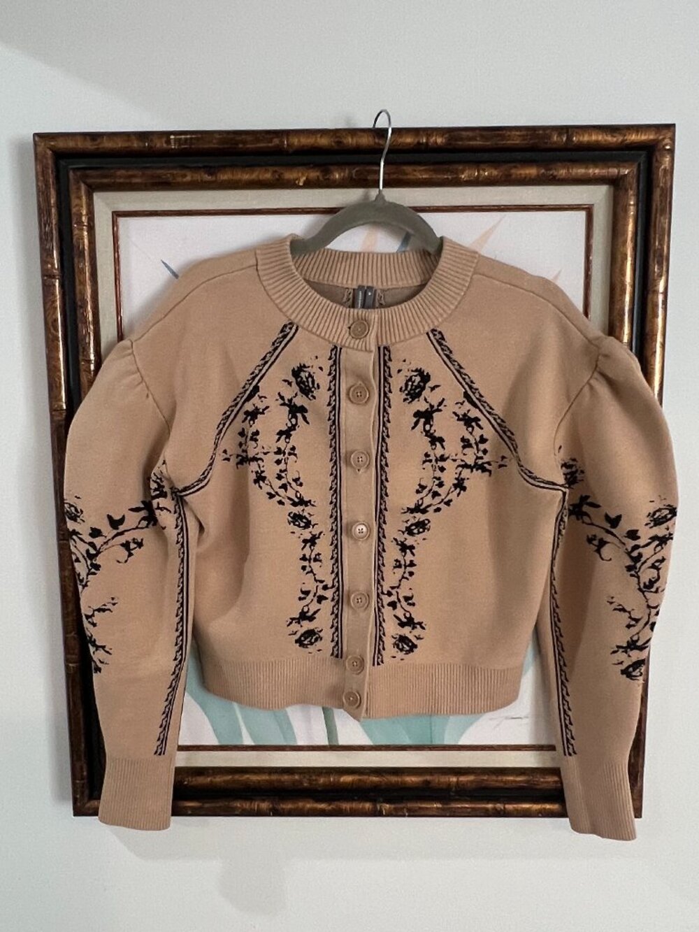 Anthropologie Embroidered Cardigan XS | Tan Floral Knit | Feminine Puff Sleeve